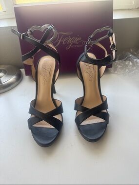 Fergie Black Crisscross Platform Heart-Ankle Strap Heels